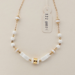 Vintage Czech gold chain necklace white round rectangle glass beads 16"