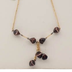 Vintage Czech gold link chain necklace brown marble glass beads 15"
