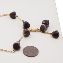 Vintage Czech gold link chain necklace brown marble glass beads 15"