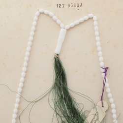 Vintage Muslim Islamic prayer bead strand 99 Czech white glass beads green tassle