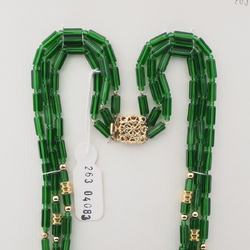 Vintage Czech 3 strand necklace transparent green pentagon gold glass beads 16"