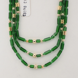 Vintage Czech 3 strand necklace transparent green pentagon gold glass beads 16"