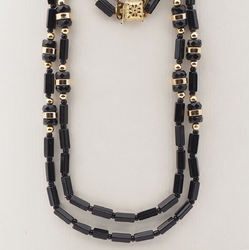 Vintage Czech 2 strand necklace black pentagon rondelle glass beads 21"
