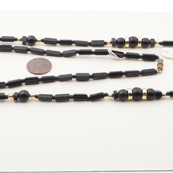 Vintage Czech necklace black pentagon round rondelle glass beads 28"