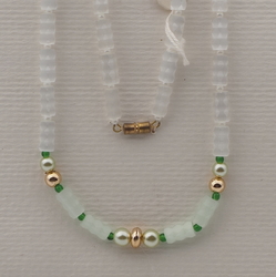 Vintage Czech necklace crystal satin atlas pearl gold glass beads 27"