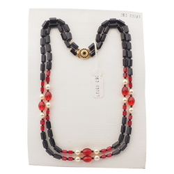 Vintage Czech 2 strand necklace black red pearl glass beads 20"