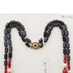 Vintage Czech 2 strand necklace black red pearl glass beads 20"