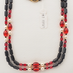 Vintage Czech 2 strand necklace black red pearl glass beads 20"