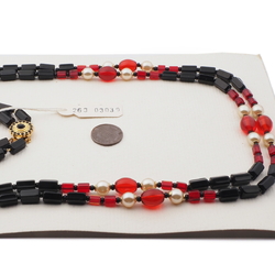 Vintage Czech 2 strand necklace black red pearl glass beads 20"