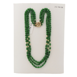 Vintage Czech 3 strand necklace transparent green pentagon gold glass beads 16"