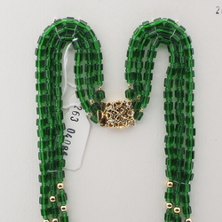 Vintage Czech 3 strand necklace transparent green pentagon gold glass beads 16"