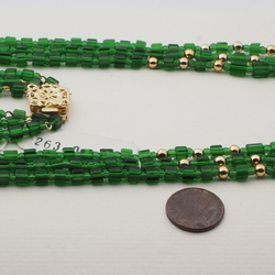 Vintage Czech 3 strand necklace transparent green pentagon gold glass beads 16"