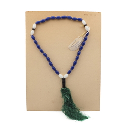 Vintage prayer bead strand Czech white blue glass beads green tassle