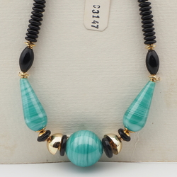 Vintage Czech necklace black green satin striped lampwork glass beads 