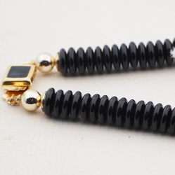 Vintage Czech necklace black green satin striped lampwork glass beads 