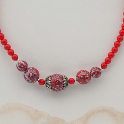 Vintage Czech necklace red matrix marble lampwork glass beads 
