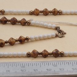 Vintage Czech necklace white brown marble bronze glass beads 