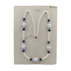 Vintage Czech necklace white blue marble glass beads 26"