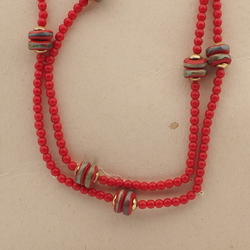 Vintage Czech necklace red marble rondelle glass beads 36"