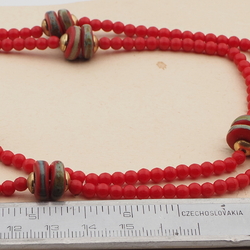 Vintage Czech necklace red marble rondelle glass beads 36"