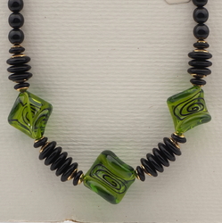 Vintage Czech necklace black green lampwork glass beads 