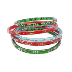 Lot (5) Antique Czech gold gilt enamel green blue red faceted glass bangles