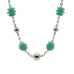 Vintage Deco necklace Czech chrysoprase opaline green Uranium glass beads chrome ball beads