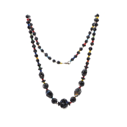 Vintage Czech necklace end of day spatter marble black glass beads 