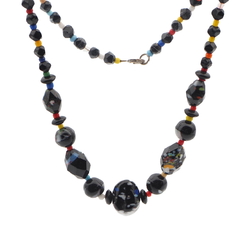 Vintage Czech necklace end of day spatter marble black glass beads 