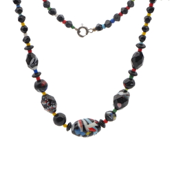 Vintage Czech 40's necklace end of day spatter black glass beads 