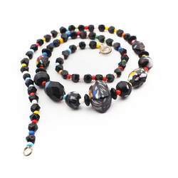 Vintage Czech necklace end of day spatter marble black glass beads 