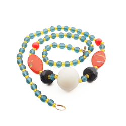 Vintage Czech Deco necklace red marble aqua uranium glass beads