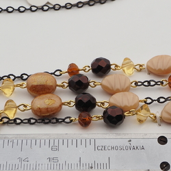 Vintage Czech 2 strand tassle necklace beige satin marble lustre glass beads