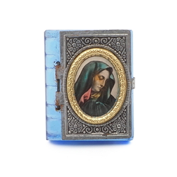 Vintage Czech blue glass religious miniature pocket bible book souvenir