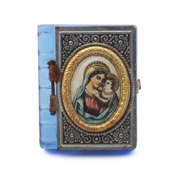 Vintage Czech blue glass religious miniature pocket bible book Mary and Joseph