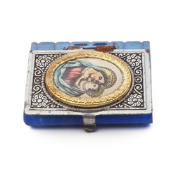 Vintage Czech blue glass religious miniature pocket bible book Mary and Joseph