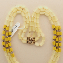 Vintage Czech 3 strand necklace yellow frost satin atlas glass beads 18" 