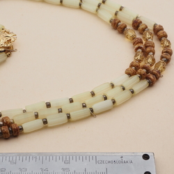 Vintage Czech 3 strand necklace yellow satin atlas marble glass beads 18" 