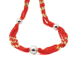 Vintage Czech 5 strand necklace blown gold bugle red seed glass beads 16"