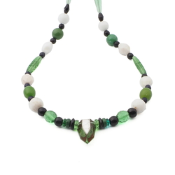 Vintage Czech necklace green black white uranium glass beads