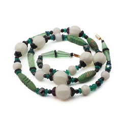 Vintage Czech necklace green black purple vitrail blown melon glass beads