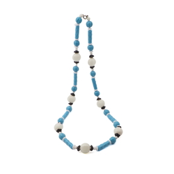 Vintage Czech necklace blue black white blown melon glass beads