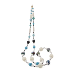 Vintage Czech necklace blue black white blown melon lampwork glass beads