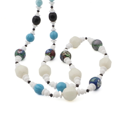 Vintage Czech necklace blue black white blown melon lampwork glass beads