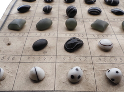 Sample card (121) Czech antique glass buttons bicolor paperweight moonglow