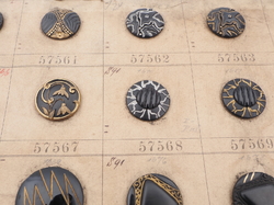 Sample card (48) Czech antique black glass buttons geometric floral snake