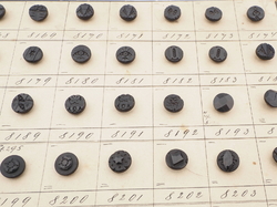 Sample card (140) Czech antique black carved dimi glass buttons 