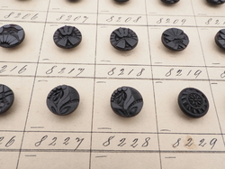 Sample card (140) Czech antique black carved dimi glass buttons 