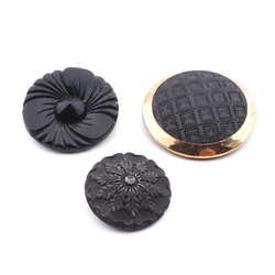 Lot (3) large Czech 1920's vintage geometric floral black glass buttons
