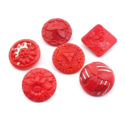 Lot (6) Czech 1920's Art Deco vintage red geometric floral round square glass buttons